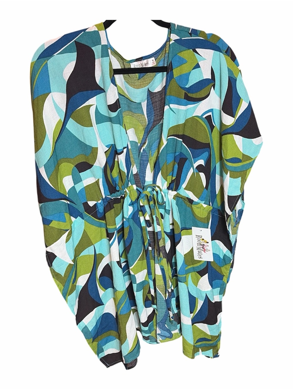 A14 Roommates Retro Wave Tie-Front MedTunic — Blue, Green & White NWT